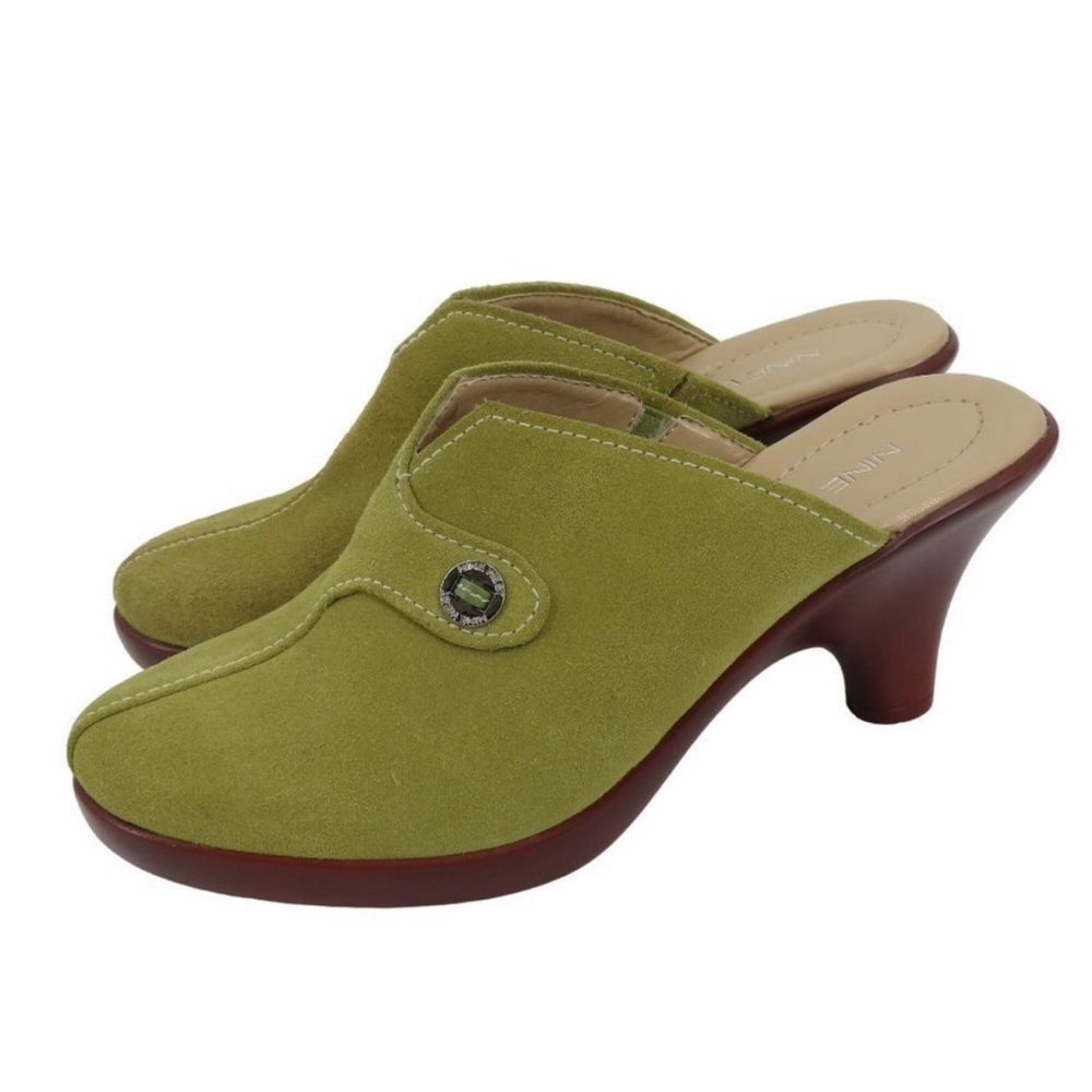 Nine West Womens 7.5 M Ancestor Green Suede Leather Heeled Mules Slides Shoes
